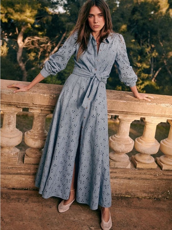 Sezane Dresses & Skirts - Sezane Bella Dress in Bleu Vintage, Eyelet Maxi w/ Tie Waist, size 36